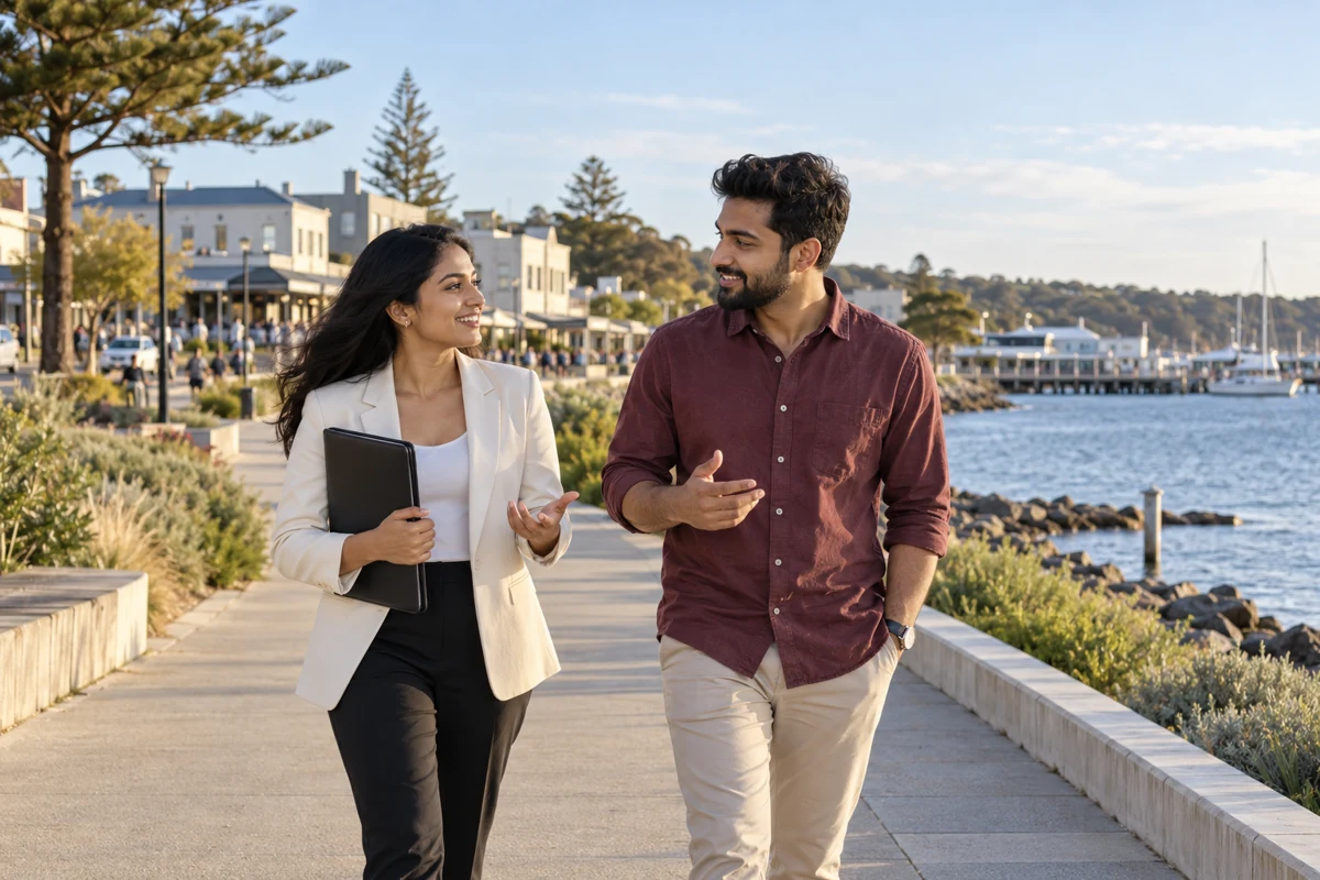 Two professionals discussing their plans on a regional Australian waterfront promenade