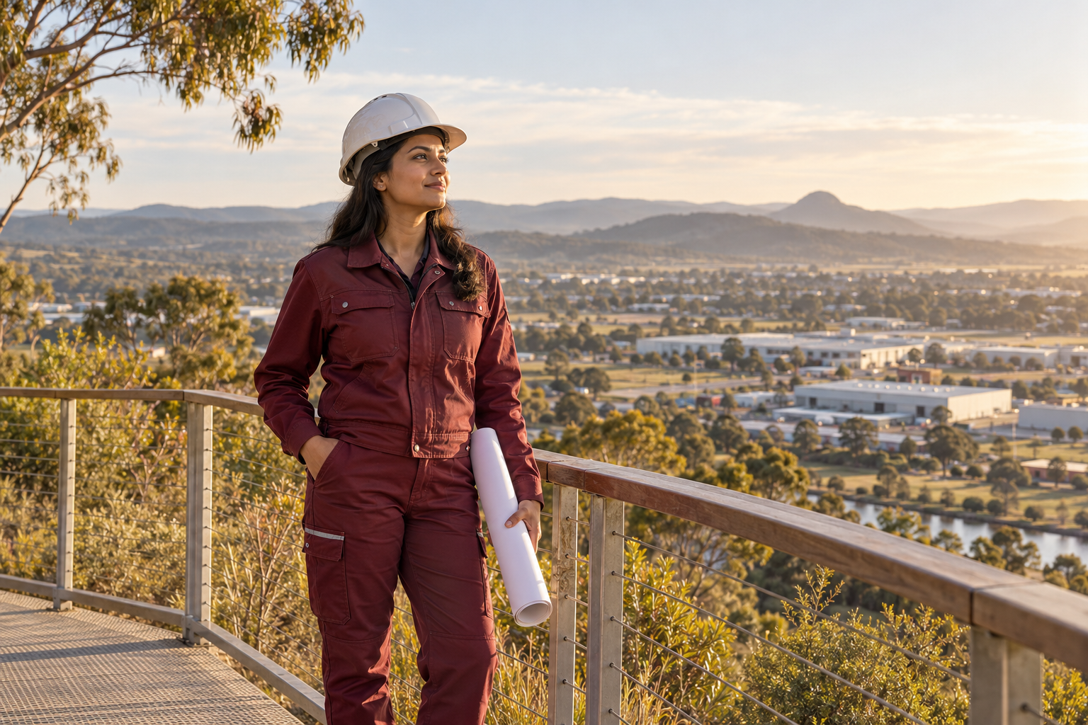 Engineer overlooking a regional Australian town and industrial precinct