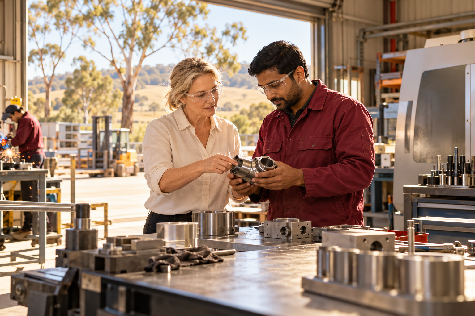 Regional business owner and skilled technician examining a manufactured component
