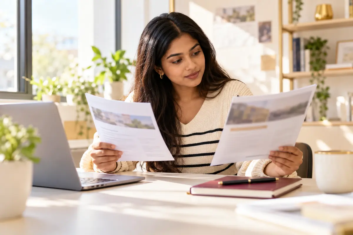 A student comparing two course brochures beside a laptop