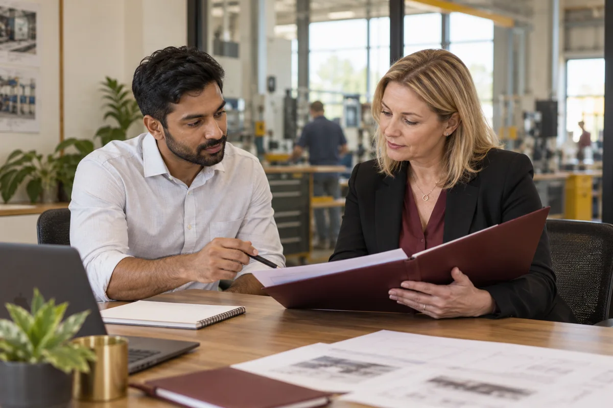 A skilled professional and business owner reviewing role information in a meeting room