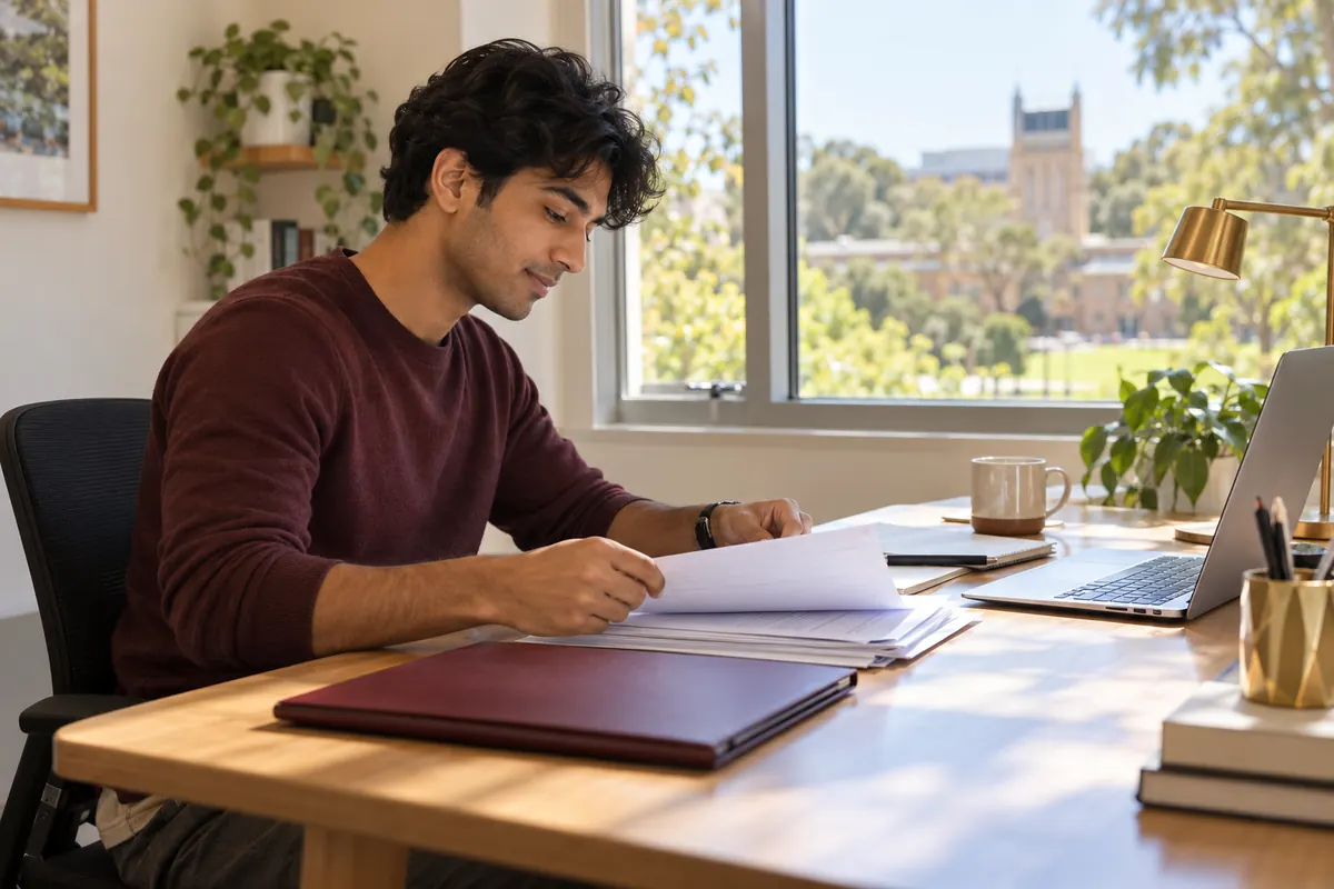 A graduate organising university records beside a laptop and burgundy folder