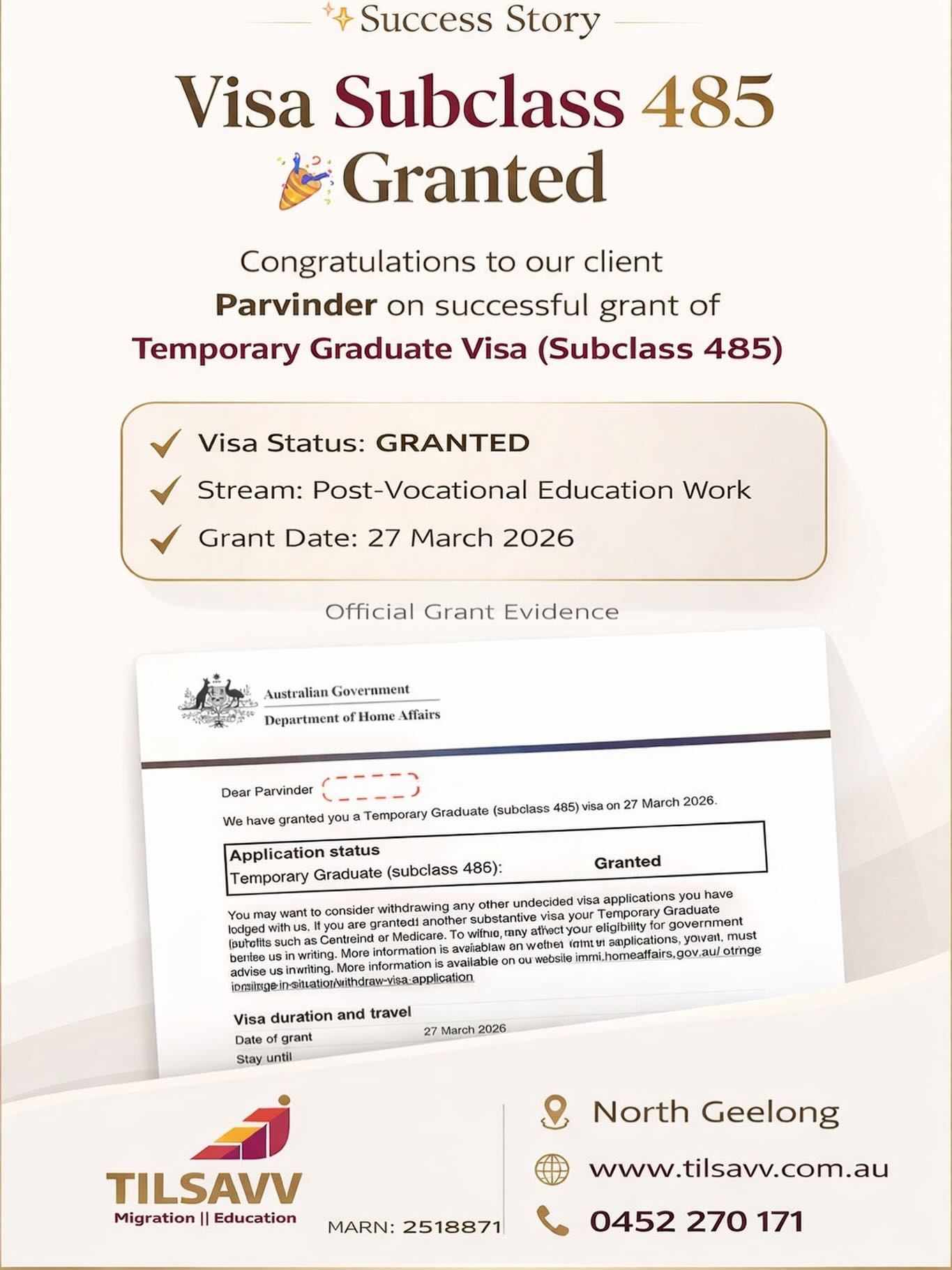 Outcome evidence from TILSAVV’s A graduate visa milestone social poster