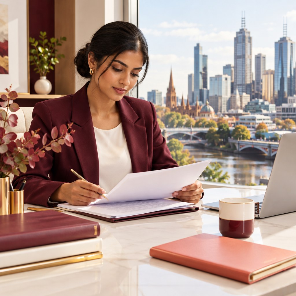 Woman reviewing skilled visa documents with the Melbourne skyline in the background